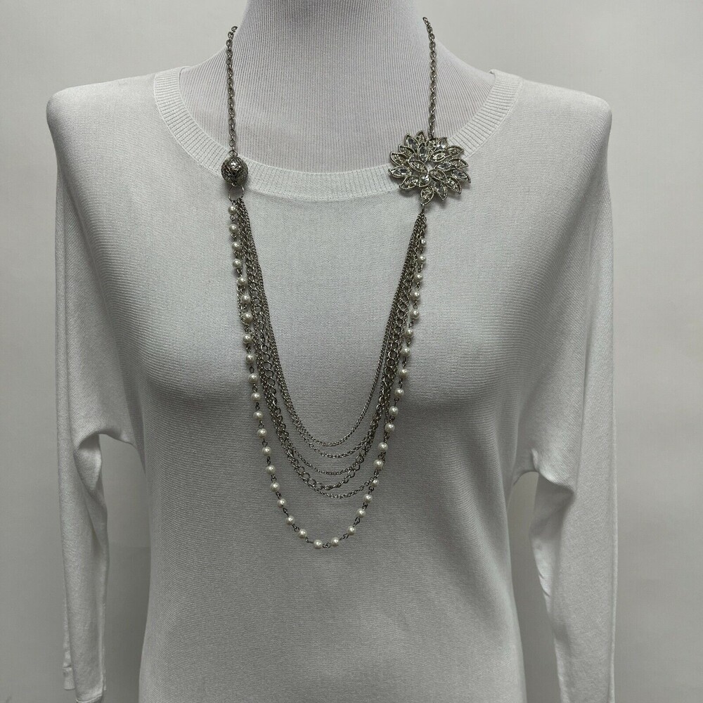 Silver-tone Chain White Faux Pearl Beaded Fashion Multistrands Necklace NWOT